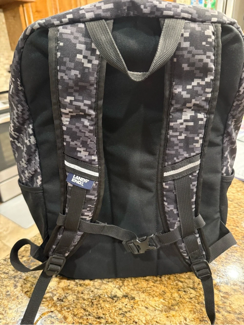 Lands' End Kids Digital Camo Backpack in Black and Gray with Orange Accents